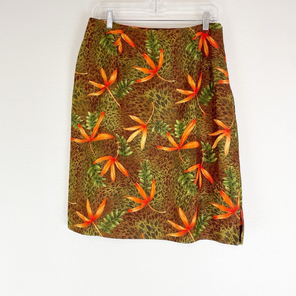 Silkland Pencil Skirt Womens 12 Silk Linen Leopard Safari Boho Botanical‎ Bold